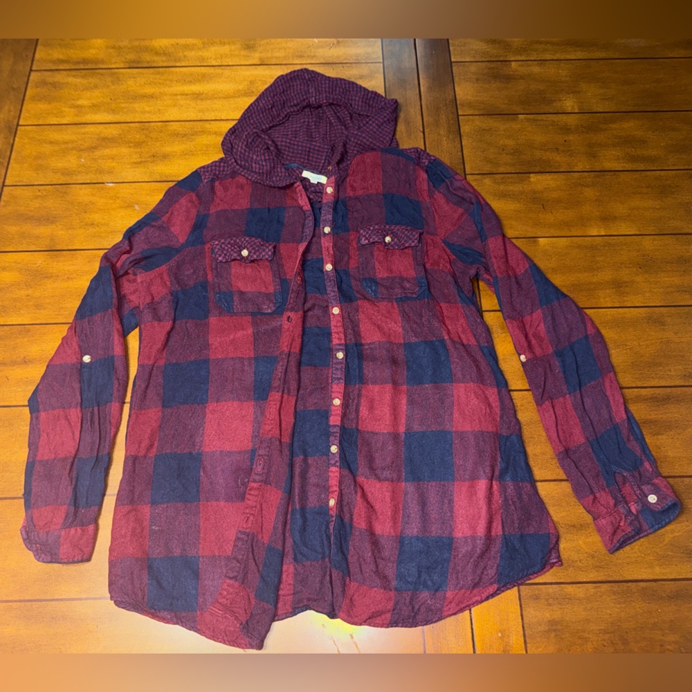 Maurices Red and Blue Plaid Button Down flannel with hoodie